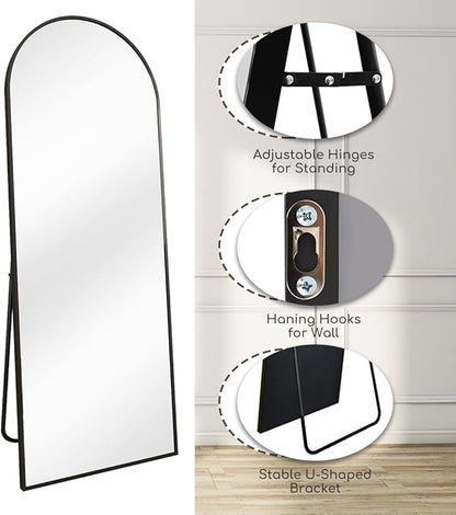 Prywot Arched Floor Mirror, 58 "x 18" Full Length Mirror Wall Mirrors Hanging or Leaning Arched-Top Full Body Mirrors with Stand for Bedroom, Dressing Room, Black