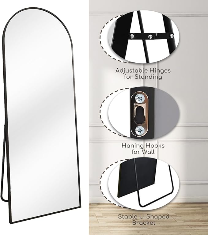 Prywot Arched Floor Mirror, 64 "x 21" Full Length Mirror Wall Mirrors Hanging or Leaning Arched-Top Full Body Mirrors with Stand for Bedroom, Dressing Room, Black