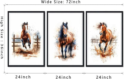 Funny Horses Framed Canvas Wall Art Set of 3 Horse Running Portrait Wall Decor for Country Apartment Living Room Bedroom Modern Rustic Animals Artwork Decoration Easy to Hand 24x36inchx3pcs