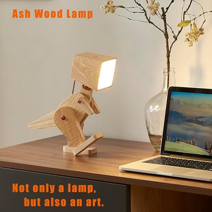 Novelty Cute Wood Dinosaur Table Lamp for Bedroom, Room, Bedside - 3 Levels Dimmable Touch Adjustable Swing Arm Robot Design Natural Finish Nightstand Light for Living Office Dorm (Yellow)