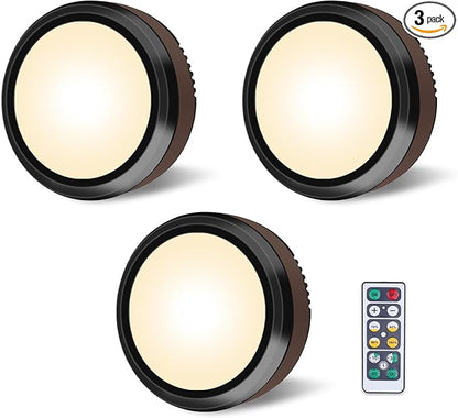 LEASTYLE Puck Lights with Remote, Battery Operated Under Cabinet Lighting with Dimmable Timer, Stick-On Closet Light Under Counter Lights for Kitchen(3 Pack, Warm White)