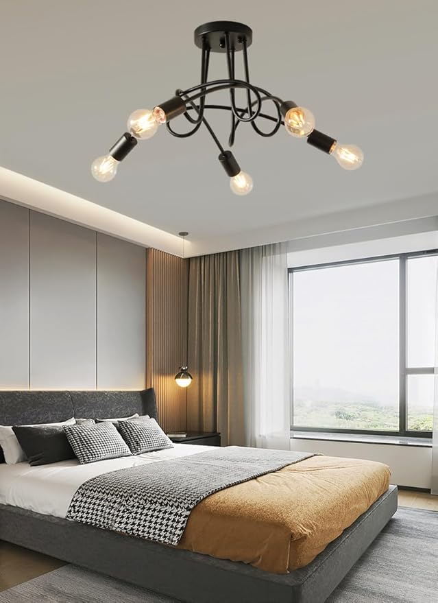 Modern Farmhouse Chandelier,25 Inch 5 Light Sputnik Semi Flush Mount Ceiling Light, Metal Black Rustic Light Fixture for Dining Room Bedroom Kitchen Hallway Entryway