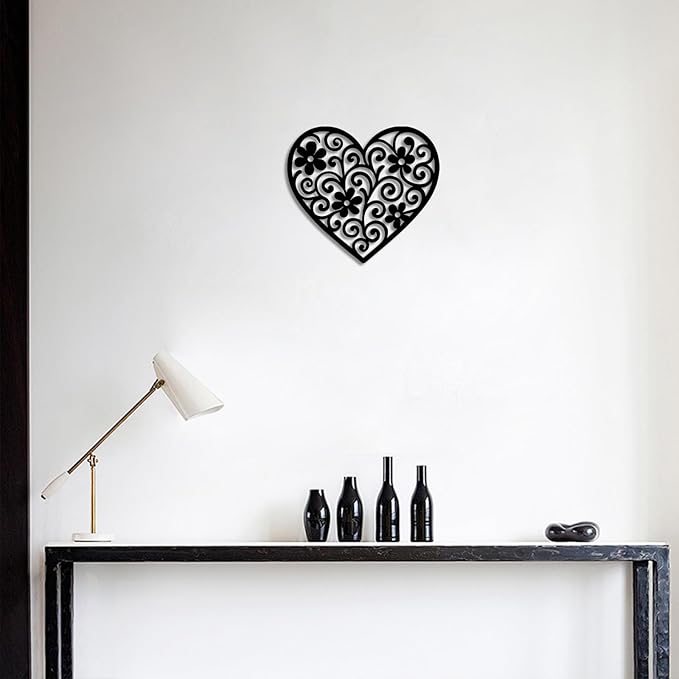 Vineland Black Metal Heart Wall Art, 11.8 Inch Modern Minimalist Sculpture, Floral Pattern Design for Living Room Bedroom Bathroom, Matte Finish Boho Home Decor