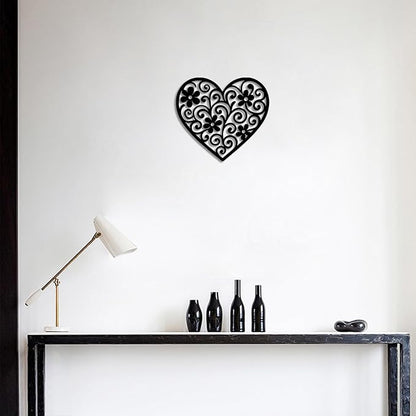Vineland Black Metal Heart Wall Art, 11.8 Inch Modern Minimalist Sculpture, Floral Pattern Design for Living Room Bedroom Bathroom, Matte Finish Boho Home Decor