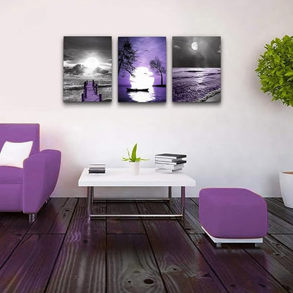 Lapremoly Black And White Purple Ocean Landscape Large Wall Decor For Living Room Canvas Wall Art For Bedroom Wall Painting Office Bathroom Wall Decor Family Posters Modern Home Decorations 3 Piece