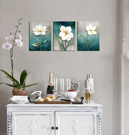Flower Canvas Wall Art Cream White Floral Wall Decor Turquoise Tealish Grey Background Canvas Picture Modern Rustic Artwork Bathroom Bedroom Living Room Home Office Decoration 12" x 16" x 3 Pieces