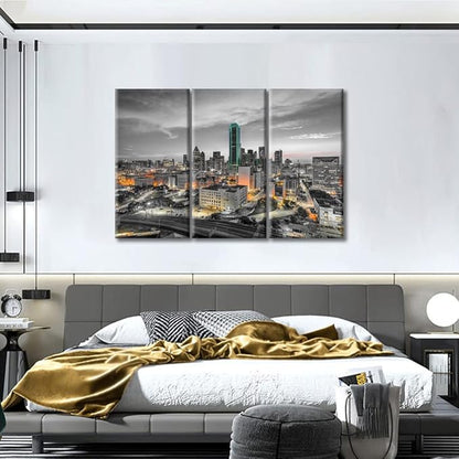 TUMOVO 3 Panel Dallas Texas USA Skyscrapers Landscape Artwork Canvas Wall Art Beautiful City Skyline Posters and Prints Bathroom Decor Wall Art Print on Canvas Framed Ready to Hang (36" Wx24 H)