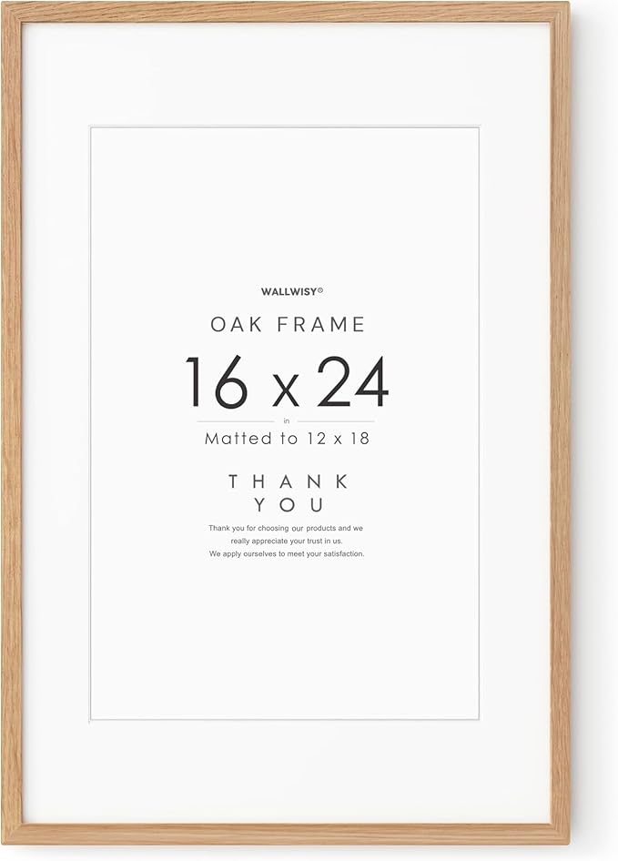 16x24 Wood Frame, Solid Oak 16x24 Poster Frames with Mat to 12x18(Openning Size is 11.7x17.7), Natural Oak 24x16 Frame, Set of 1