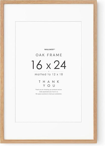 16x24 Wood Frame, Solid Oak 16x24 Poster Frames with Mat to 12x18(Openning Size is 11.7x17.7), Natural Oak 24x16 Frame, Set of 1
