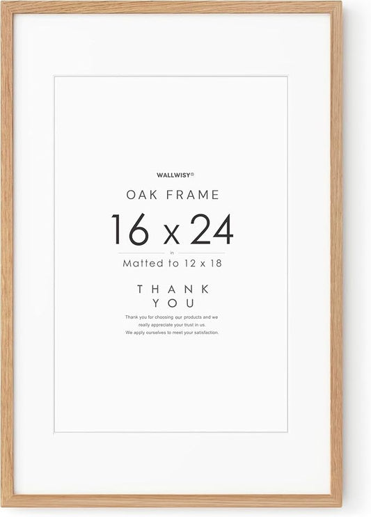 16x24 Wood Frame, Solid Oak 16x24 Poster Frames with Mat to 12x18(Openning Size is 11.7x17.7), Natural Oak 24x16 Frame, Set of 1