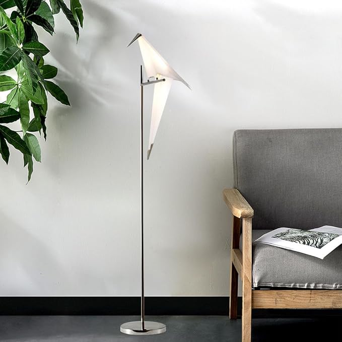 62 Inch Modern Bird Floor Lamp, Silver Bird Swing Floor Light Fixtures for Dining Room, LED Origami Swing Paper Crane Standing Floor Lamp for Living Room