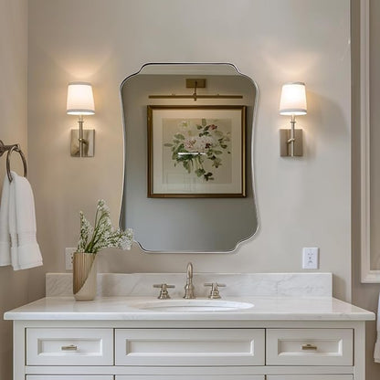 ANDY STAR 24"x32" Brushed Nickel Mirror, Scalloped Bathroom Wall Mirror with Metal Frame for Vanity, Vintage Design Ideal for Entryway, Living Room & Bedroom Decor