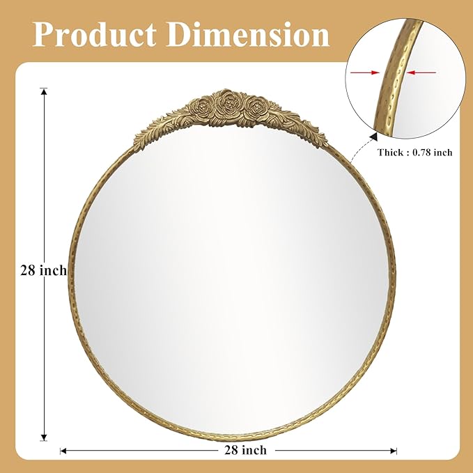 Growsun Round Wall Mirror with Vintage Gold Floral Frame – 28 Inch Decorative Wall Mirror for Living Room, Bedroom, Entryway, Bathroom Vanity – Elegant Antique Accent Home Décor