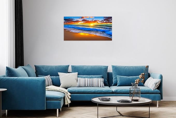 TutuBeer 1 Panel Beach Pictures Blue Sea White Beach at Sunrise Picture Print on Canvas Ocean Pictures Wall Decor Ocean Canvas Art Seascape Wall Art Stretched and Framed 8x16 inch