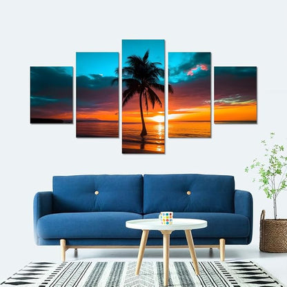 Yatsen Bridge 5 Panels Seascape Wall Art Beach Sunset Pictures Palm Trees Paintings on Canvas Artwork for Living Room Bedroom Home Decor Wooden Framed Ready to Hang - 60''W x 32''H