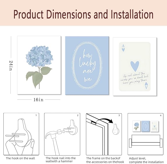 Cshylven Hydrangea Wall Art Set of 3, Blue Floral Canvas Prints, Inspirational Quote Modern Minimalist Botanical Wall Decor, Preppy Baby Blue Aesthetic Pictures for Bedroom Bathroom Dorm 24x16 Framed