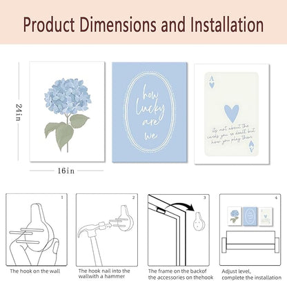 Cshylven Hydrangea Wall Art Set of 3, Blue Floral Canvas Prints, Inspirational Quote Modern Minimalist Botanical Wall Decor, Preppy Baby Blue Aesthetic Pictures for Bedroom Bathroom Dorm 24x16 Framed