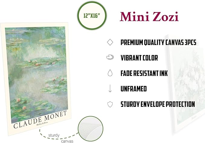 MINI ZOZI Sage Green Canvas Wall Art Set Of 3 Matisse Van Gogh Monet Flower Prints 12x16 Wall Decor Large Mid Century Modern Aesthetic Over Bed Poster Painting Master Bedroom Living Room
