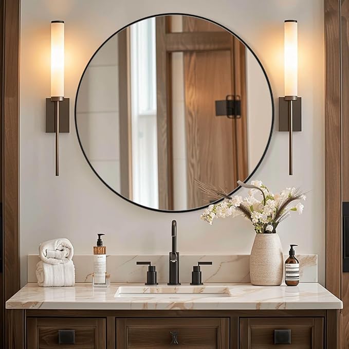 ANDY STAR Black Round Mirror Bathroom Mirrors, 28 Inch Vanity Mirror with Rust-Poof SUS304 Frame, Matte Black Mirror for Living Room, Powder Room, Entryway
