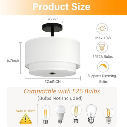 Vexagyle 3-Light Semi Flush Mount Ceiling Light Fixture,12.6inch Modern Close to Ceiling Light with 2-Layer White Drum Fabric Shade,Entryway Light Fixture Ceiling Mount Lamps for Bedroom Dining Room