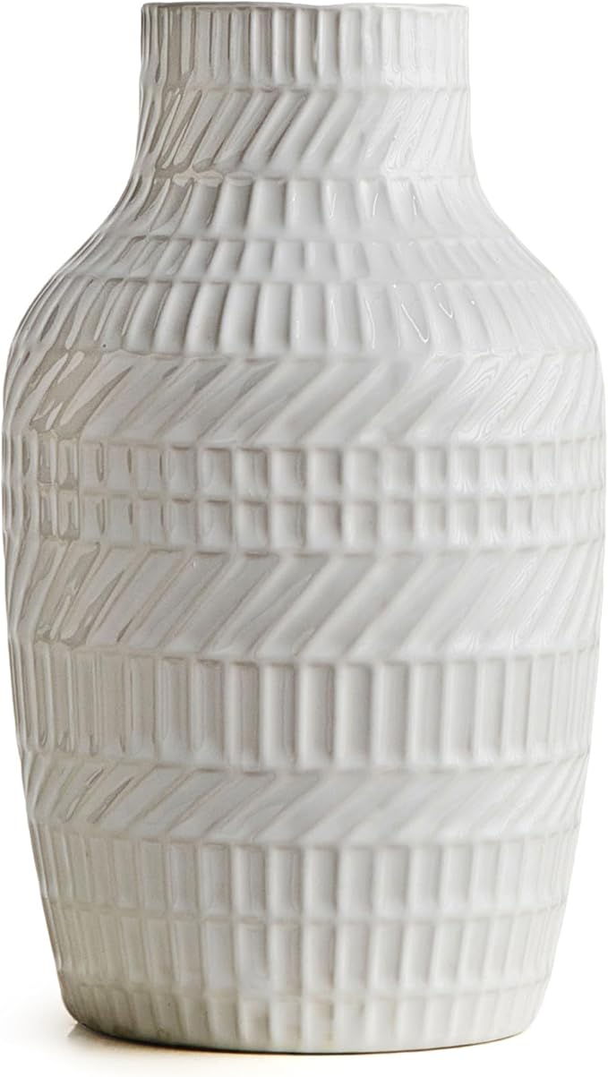 Boho White Ceramic Vase, 8.7" Textured Flower Vase for Home Decor, Minimalist Table Centerpiece for Living Room, Office, Bedroom (White Vase)