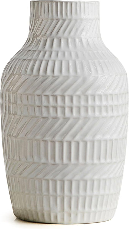 Boho White Ceramic Vase, 8.7" Textured Flower Vase for Home Decor, Minimalist Table Centerpiece for Living Room, Office, Bedroom (White Vase)