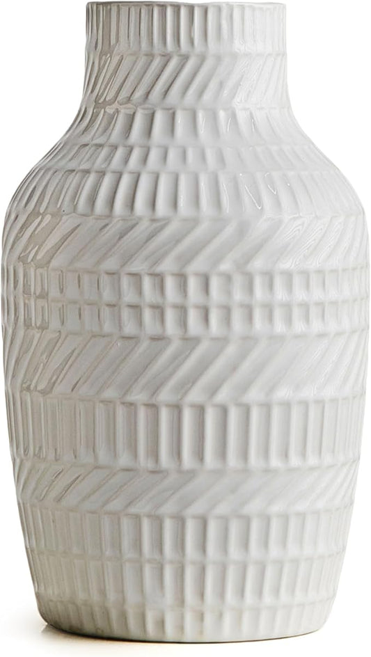 Boho White Ceramic Vase, 8.7" Textured Flower Vase for Home Decor, Minimalist Table Centerpiece for Living Room, Office, Bedroom (White Vase)