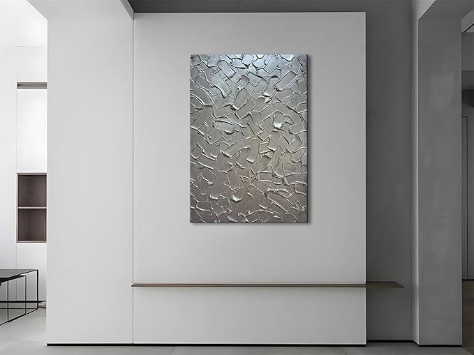 Slyart Handmade 3D Texture Wall Art Modern Abstract Painting 28x40 Inches Minimalist Silver Gray Artwork Oil Painting on Canvas Wall Decor for Living Room Bedroom