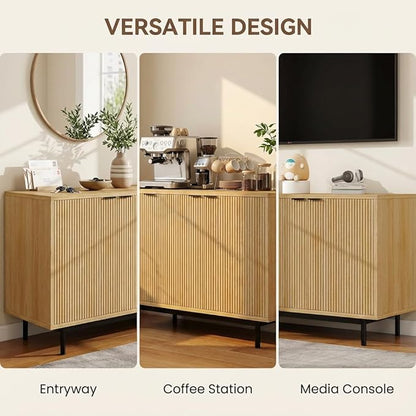 Vipbear 58 Inch TV Stand for 65 Inch TV, Modern Fluted Sideboard Buffet Cabinet with Storage, Natural Wood Media Console Table with 4 Doors and Adjustable Shelves for Living Room and Bedroom Decor
