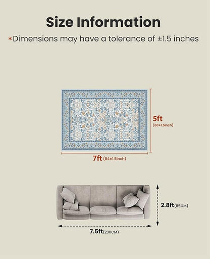 AMADA HOMEFURNISHING 5x7 Area Rug, Washable Living Room Rug with Non-Slip Backing, Low Pile and Durable Edge Binding, Vintage Soft Floral Rugs for Living Room, Bedroom, Dining Room