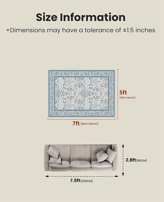 AMADA HOMEFURNISHING 5x7 Area Rug, Washable Living Room Rug with Non-Slip Backing, Low Pile and Durable Edge Binding, Vintage Soft Floral Rugs for Living Room, Bedroom, Dining Room