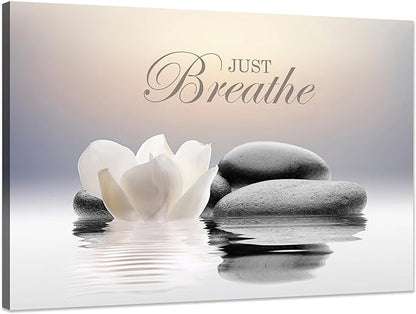 Zen Stone Canvas Wall Art Just Breathe Yoga Quotes Poster for Spa Decor White Lotus Flower Pictures Prints for Bathroom Modern Spiritual Artwork Framed (16 x 24inches)