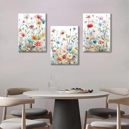 KISSFOX Framed Colorful Wildflower Canvas Wall Art Set Of 3 Flowers Pictures Prints Flowers Printing Floral Watercolors Flower wall Decor Living Room Girls Bedroom Bathroom