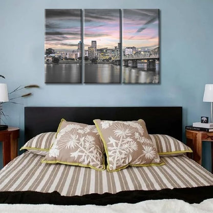 3 Pieces Portland Dusk City Skyline Home Decor American Cityscape Skyscrapers Modern Artwork Wall Art for Living Room Giclee Wooden Framed Gallery-Wrapped Ready to Hang (36" Wx24 H)