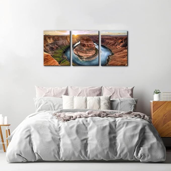 Pacimo 3 Piece Canvas Wall Art - Sunset Moment at Horseshoe Bend Colorado River Grand Canyon National Park Arizona Landscape Modern Home Art Decor Stretched and Framed Ready to Hang - 12"x16"x3 Panel