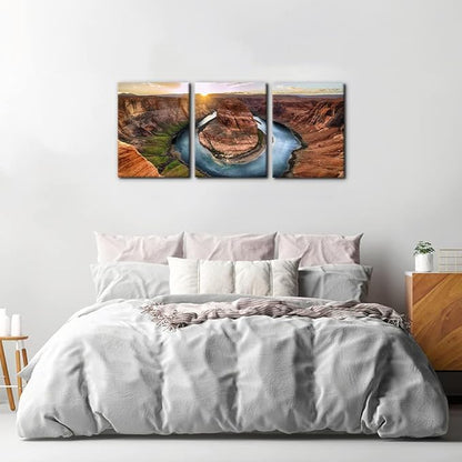 Pacimo 3 Piece Canvas Wall Art - Sunset Moment at Horseshoe Bend Colorado River Grand Canyon National Park Arizona Landscape Modern Home Art Decor Stretched and Framed Ready to Hang - 12"x16"x3 Panel