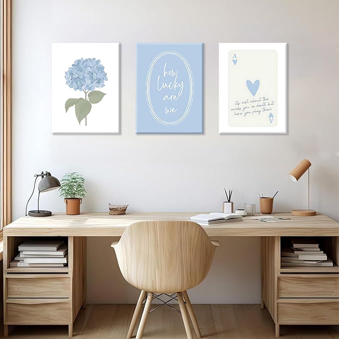 Cshylven Hydrangea Wall Art Set of 3, Blue Floral Canvas Prints, Inspirational Quote Modern Minimalist Botanical Wall Decor, Preppy Baby Blue Aesthetic Pictures for Bedroom Bathroom Dorm 24x16 Framed