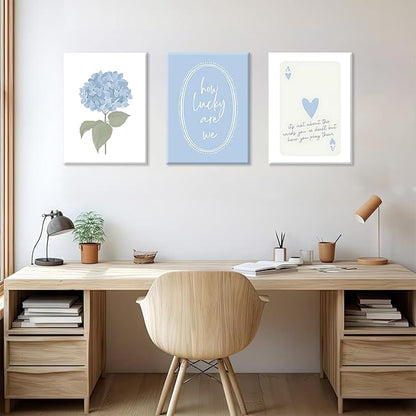 Cshylven Hydrangea Wall Art Set of 3, Blue Floral Canvas Prints, Inspirational Quote Modern Minimalist Botanical Wall Decor, Preppy Baby Blue Aesthetic Pictures for Bedroom Bathroom Dorm 12x16 Framed