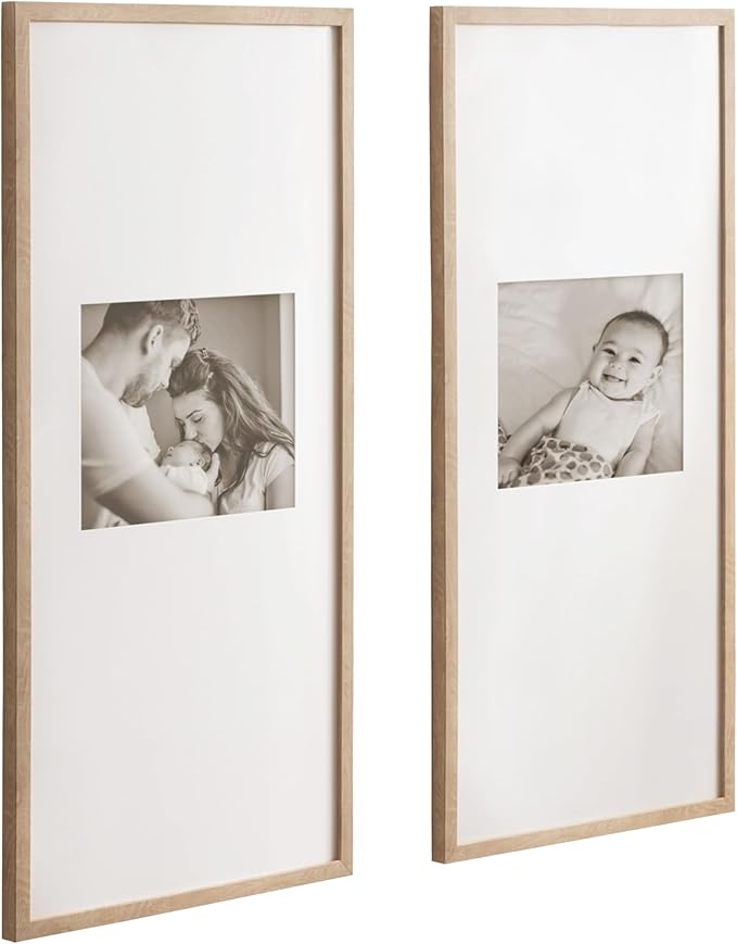 Kate and Laurel Gallery Rectangular Panel Picture Frame Set of 2, 14 x 30 matted to 8 x 10, Light Natural, Modern Tall Two-Piece Photo Frame Set for Gallery Wall Decor in Living Room Wall Display