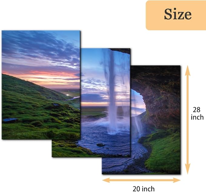 Pacimo Waterfall at Sunset Canvas Wall Art Print Iceland Landscape Painting Framed Wall Art Decor for Living Room Home Decoration 3 Pieces Gallery Wrapped Posters and Prints Ideal Gifts - 20"x28"x3