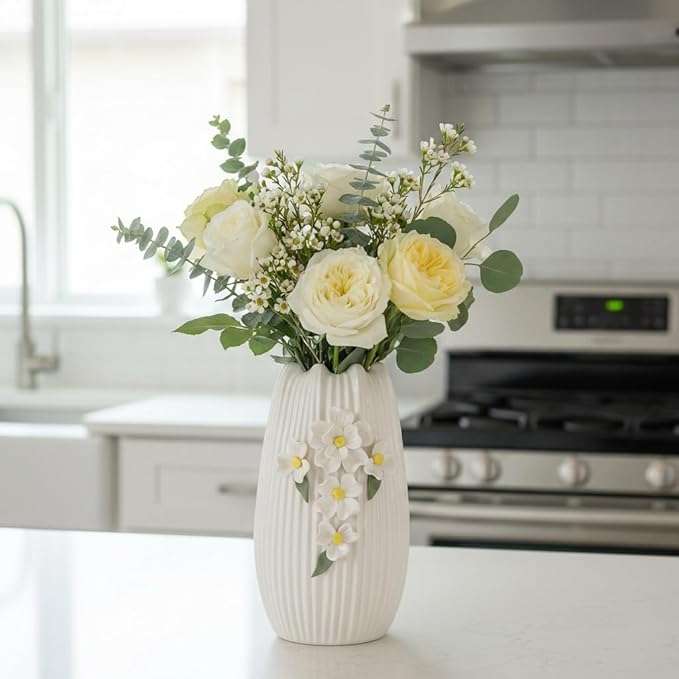 White Vase - Modern Boho Vases for Centerpieces, Minimalist Decorative Flower Vase for Pampas Grass, Dining Room Table, Shelf, Bathroom Decor, 9 Inch