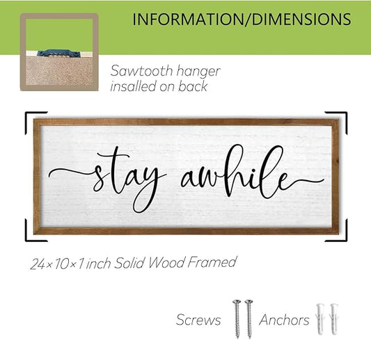 TQianJiang Living Room Wall Decor Stay Awhile Sign 24"×10" Cozy Home Inspirational Quote for Home Entryway Plaque Hallway Rustic Farmhouse Large Wood Framed Wall Hanging Art (Wood)