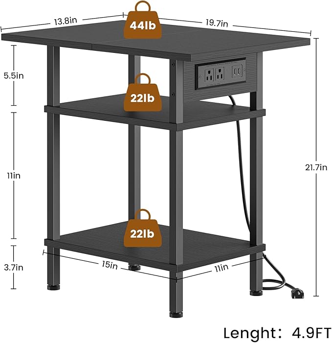 Asgolion Side Table with Charging Station, Skinny Nightstand with USB Ports and Outlets, 3 Tier Narrow End Table with Storage for Bedroom, Living Room, Office, Black