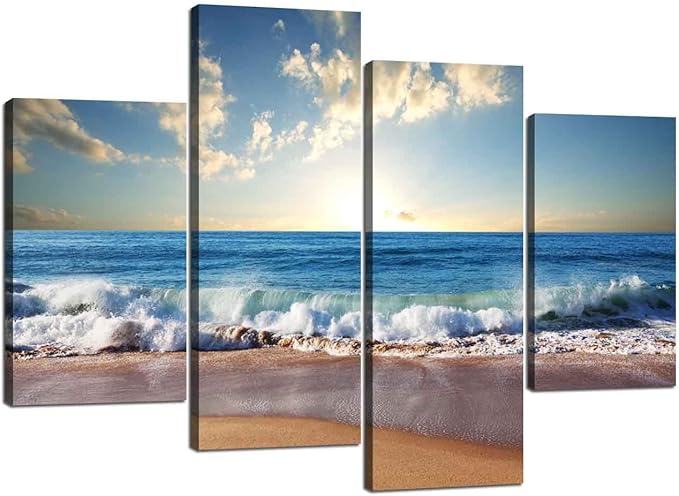 Modern Landscape Beach Ocean Wave Pictures Painting on Canvas 4 Piece Combination Set Landscape Pictures Wall Art for Living Room Home Decor Wooden Framed Stretched Ready to Hang (56" W x 44" H)