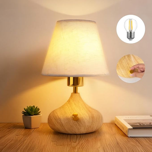 Nightstand Table Lamp with Knob Switch,Seamless Dimming, Wood Base & Fabric Shade, E26 Bulb Included, Compact Bedside Lamp for Bedroom, Living Room, Office