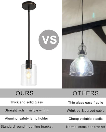 2 Pack Brown and Gold Pendant Lights for Kitchen Island, Modern Brown Hanging Light with Clear Glass Shade, Adjustable Metal Rod Pendant Lighting for Dining Room, Bar, Living Room