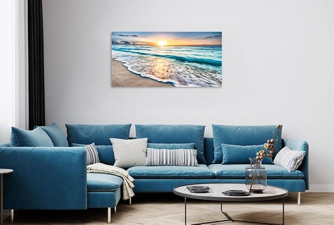 TutuBeer 1 Pcs Beach Wall Art Beach Wall Decor Blue Sea Sunset White Beach Ocean Wall Art Beach Pictures Wall Art Seascape Print on Canvas Ocean Decor Beach Decor for Bedroom Home Decor 16x32 inch