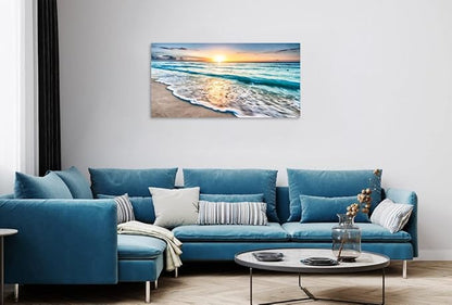 TutuBeer 1 Pcs Beach Wall Art Beach Wall Decor Blue Sea Sunset White Beach Ocean Wall Art Beach Pictures Wall Art Seascape Print on Canvas Ocean Decor Beach Decor for Bedroom Home Decor 16x32 inch