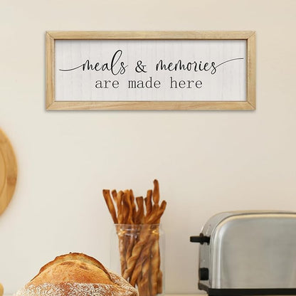 comurdyo Meals and Memories Are Made Here Sign Wall Decor 16"×6" for Dining Room Kitchen Wooden Framed Hanging Wall Art (Wood)