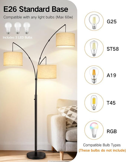 OUTON Arc Led Floor Lamp, Modern 3 Light Arched Tall Floor Lamps for Living Room, Mid Century Adjustable Standing Corner Lamps for Bedroom Office, 3 LED Bulbs Included, Beige Lampshade